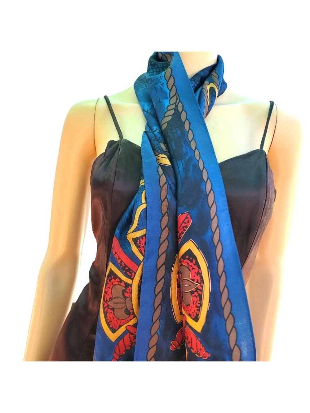 1970s Elaine Gold vintage blue silk chain print rectangular scarf 10x51"
